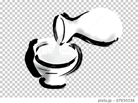 徳利でお酒を注いでいる手描き和風イラスト　モノクロ 87650336