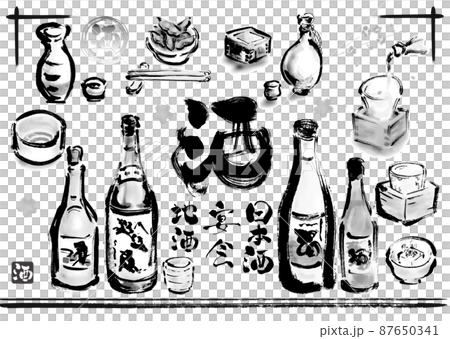 Hand-painted Japanese-style illustration set for sake and sake-related monochrome 87650341