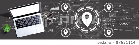 Map pin concept with a laptop computer Map pin concept with a laptop computer 87651114
