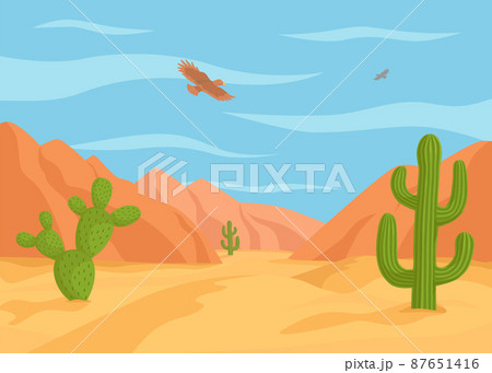 Cartoon desert landscape with mountains and cactuses 87651416
