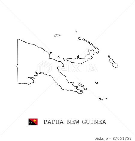 Papua New Guinea map line, linear thin vector simple outline and flag. Black on white