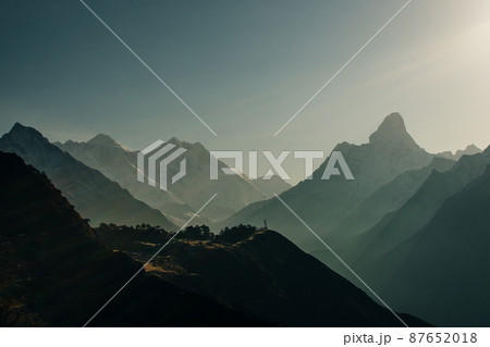 panorama view of Mount Everest massif Nuptse, Lhotse and Ama Dablam from Namche Bazar, Himalayas, Nepal. 87652018