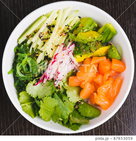 Salmon Salad with spinach, cherry tomatoes, corn salad, baby spinach, fresh mint and basil. Home made food. Concept for a tasty and healthy meal. Dark stone background. Top view. Close up. Salmon Salad with spinach, cherry tomatoes, corn salad, baby spinach, fresh mint and basil. Home made food. Concept for a tasty and healthy meal. Dark stone background. Top view. Close up. 87653059