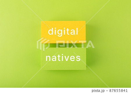 Digital natives inscription on rectangles against bright green background. Concept of digital technology age generation Digital natives inscription on rectangles against bright green background. Concept of digital technology age generation 87655841