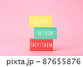 Correct pronouns for different genders hand written on multicolored rectangles against bright pink background 87655876