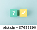 Concept of searching for solution or ideas, doubts, uncertainty and final good result. Question sign and checkmark 87655890