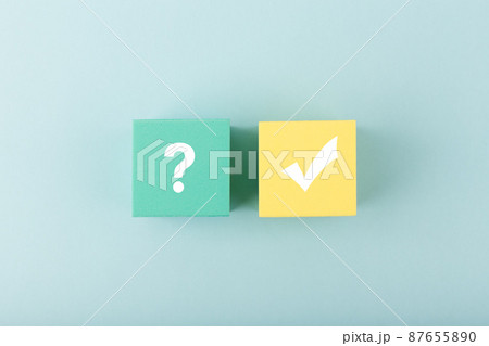 Concept of searching for solution or ideas, doubts, uncertainty and final good result. Question sign and checkmark 87655890