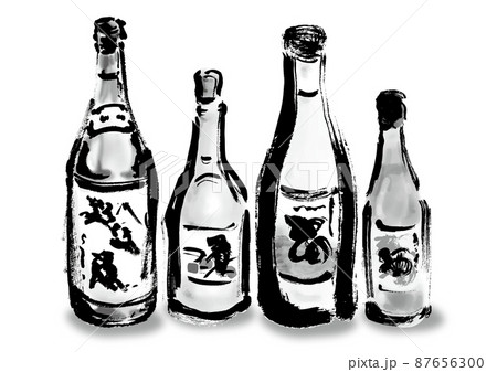 お酒が4本並んでいる 手描き和風イラスト モノクロのイラスト素材