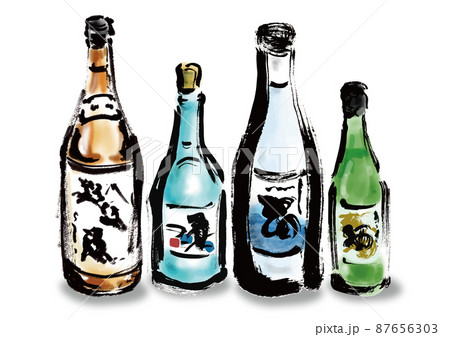 お酒が4本並んでいる 手描き和風イラストのイラスト素材 [87656303