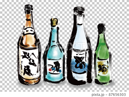 お酒が4本並んでいる 手描き和風イラストのイラスト素材 [87656303 