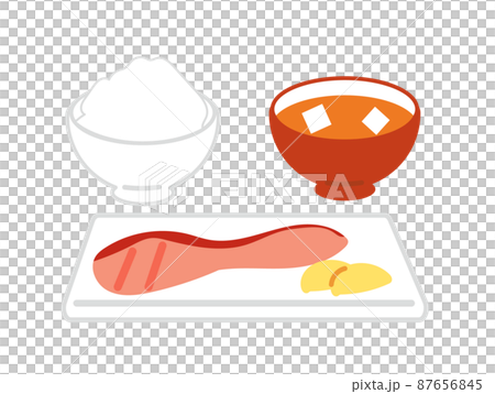 Illustration of Japanese food with rice, miso soup and grilled salmon 87656845