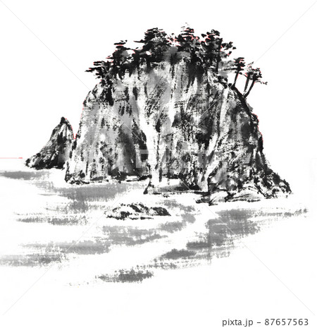 水墨画技法で描いた小島と白波の風景 87657563