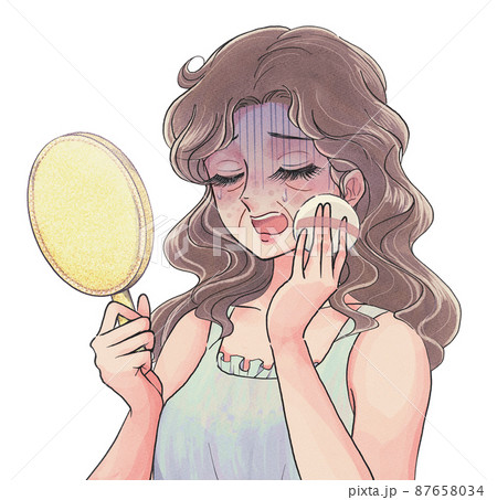 顔の皺を化粧でカバーしたい女性の漫画タッチイラスト 87658034