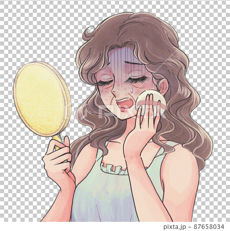 一個女人想要用化妝品遮蓋臉上皺紋的卡通觸摸插圖 87658034