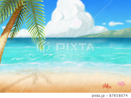 夏の海と青空の背景|入道雲・砂浜・手描きイラスト(コピースペースあり) 夏の海と青空の背景|入道雲・砂浜・手描きイラスト(コピースペースあり) 87658074