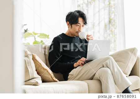 自宅のソファーでテレワークするミドル男性 自宅のソファーでテレワークするミドル男性 87658091