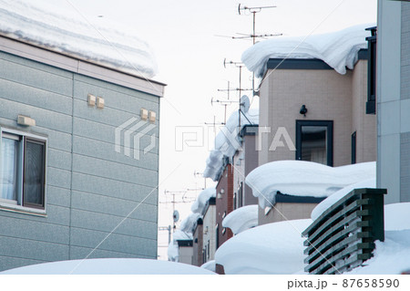 屋根に積もった雪と雪庇の危険、冬の雪害対策素材 屋根に積もった雪と雪庇の危険、冬の雪害対策素材 87658590