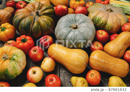 Pumpkins and red apples on wooden background Pumpkins and red apples on wooden background 87661632