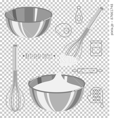 泡立器とステンレスボウルのベクターイラスト。キッチンに関連するアイコンのセット素材。 87661748
