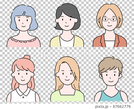 若い女性 肖像 シンプル 顔 イラストセット 若い女性 肖像 シンプル 顔 イラストセット 87662776