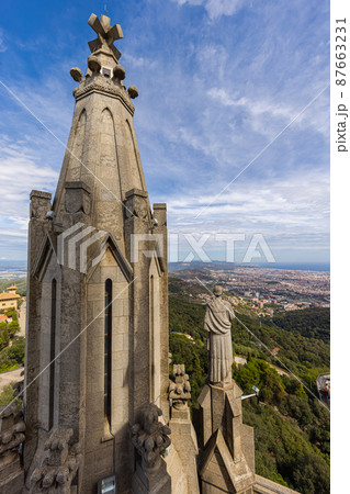 Barcelona, Spain - September 23, 2021: Roof of the Church of the Sacred Heart of Jesus.  A minor basilica located on the summit Mount Tibidabo. Combining Gothic and classical elements. Detailed dome 87663231