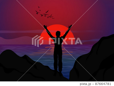 drawing concept silhouette Thanksgiving the man standing to raise your hand with sea and sunset background vector illustration drawing concept silhouette Thanksgiving the man standing to raise your hand with sea and sunset background vector illustration 87664781