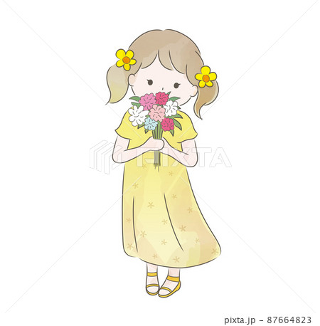 花束を持つ女の子の水彩風イラストのイラスト素材