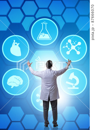 Telemedicine concept with doctor pressing virtual buttons Telemedicine concept with doctor pressing virtual buttons 87666070