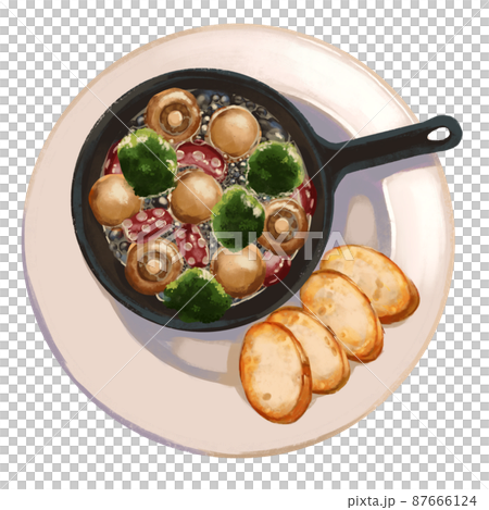 Illustration of mushroom, octopus and broccoli ajillo handwritten background transparent 87666124