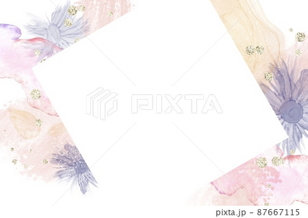 アルコールインクアートのテンプレート）白背景に紺の花　春　ピンク　オレンジ　金色のグリッター 87667115