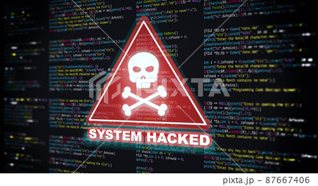 Abstract Modern tech of Programming code screen with Warning alert of System hacked. Virus, Malware, Cyber attack, and Internet cyber security Concept. 3D illustration. Abstract Modern tech of Programming code screen with Warning alert of System hacked. Virus, Malware, Cyber attack, and Internet cyber security Concept. 3D illustration. 87667406