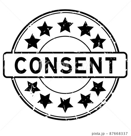 Grunge black consent word with star icon round rubber seal stamp on white background 87668337
