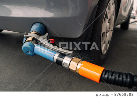 Fuel car. Pump petrol from nozzle in vehicle tank. Gasoline, oil gas station. Economy business with diesel transport. Automotive transportation concept. 87668588