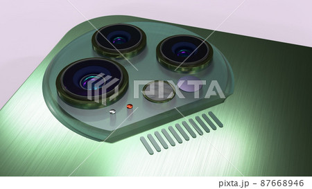 Close up view of digital camera lenses module of modern green colored metal smartphone, 3D model, 3D rendering 87668946