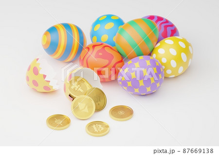 Isometric 3D rendering Easter eggs with gold Bitcoin, XRP, Cardano, Tether, Binance and Ethereum, Cryptocurrency investment technology digital money concept design on white background with copy space Isometric 3D rendering Easter eggs with gold Bitcoin, XRP, Cardano, Tether, Binance and Ethereum, Cryptocurrency investment technology digital money concept design on white background with copy space 87669138