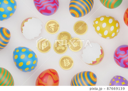 3D rendering Easter eggs with gold Bitcoin, XRP, Cardano, Tether, Binance and Ethereum top view, Cryptocurrency investment technology digital money concept design on white background with copy space 87669139