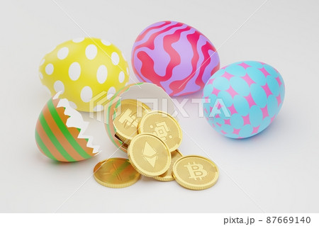 Isometric 3D rendering Easter eggs with gold Bitcoin, XRP, Cardano, Tether, Binance and Ethereum, Cryptocurrency investment technology digital money concept design on white background with copy space 87669140