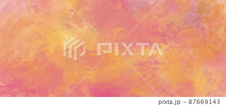 春の油絵抽象背景）ピンクとオレンジの筆跡・アート横長バナー　温かい　ラフ　ウェット 87669143