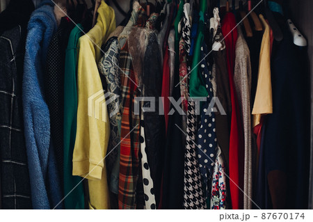 Rack of different clothing in wardrobe in Rack of different clothing in wardrobe in 87670174