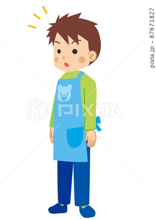 何かに気が付いてハッとする若い男性保育士のイラスト 全身 白背景 人物 可愛い シンプルのイラスト素材