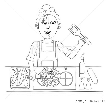 Woman Cooking Vegetable Curry Chinese Food Kitchen 87672317