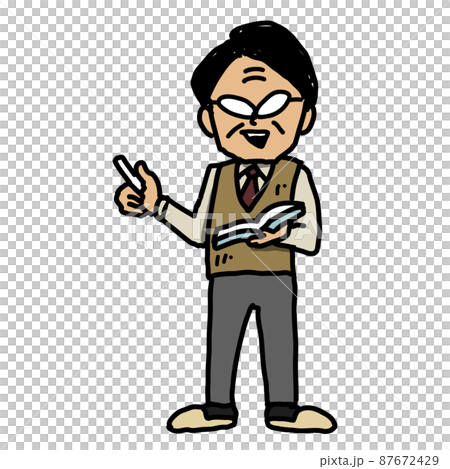 Illustration of a veteran male teacher teaching with chalk and a textbook Illustration of a veteran male teacher teaching with chalk and a textbook 87672429