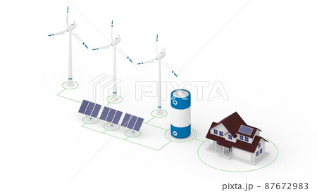 Isometric 3d render of network made of wind turbines, solar panels, battery and house Isometric 3d render of network made of wind turbines, solar panels, battery and house 87672983