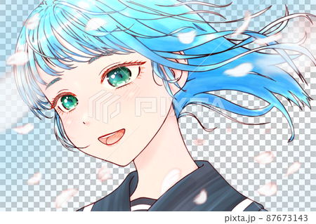 側身的女學生彩色插畫,櫻花花瓣隨風飄揚。・藍髮綠瞳。 側身的女學生彩色插畫,櫻花花瓣隨風飄揚。・藍髮綠瞳。 87673143