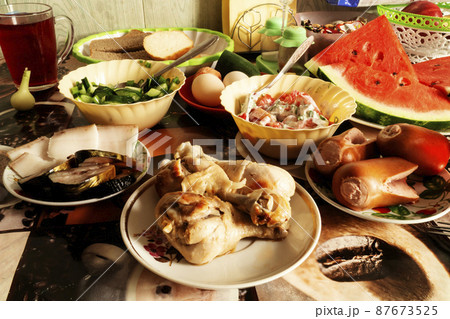 Products of the feeding in plate on table 87673525