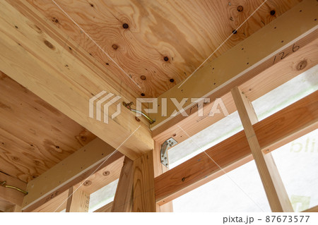 新築一戸建て住宅の工事現場での耐震金物のついた柱 87673577