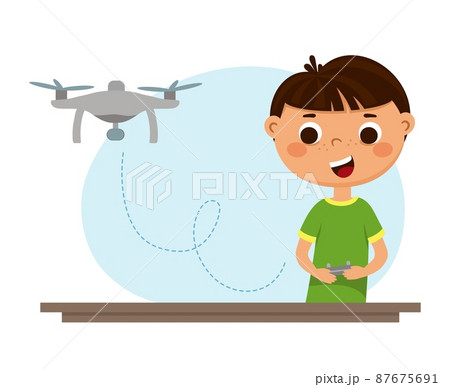 The boy controls the quadcopter from the remote control. Children robotics programming. Vector illustration isolated on a white background 87675691