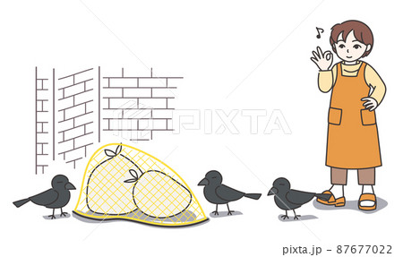 ゴミ袋にゴミ用ネットを被せてOKサインをしているエプロン姿の女性B【カラー/壁あり】 ゴミ袋にゴミ用ネットを被せてOKサインをしているエプロン姿の女性B【カラー/壁あり】 87677022