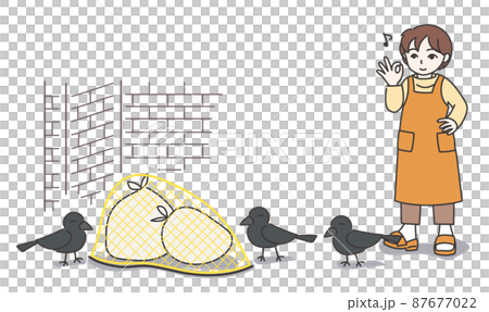 ゴミ袋にゴミ用ネットを被せてOKサインをしているエプロン姿の女性B【カラー/壁あり】 ゴミ袋にゴミ用ネットを被せてOKサインをしているエプロン姿の女性B【カラー/壁あり】 87677022