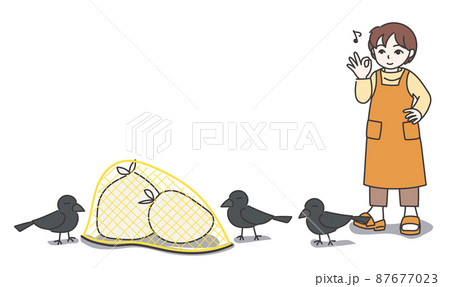 ゴミ袋にゴミ用ネットを被せてOKサインをしているエプロン姿の女性B【カラー／壁なし】 87677023